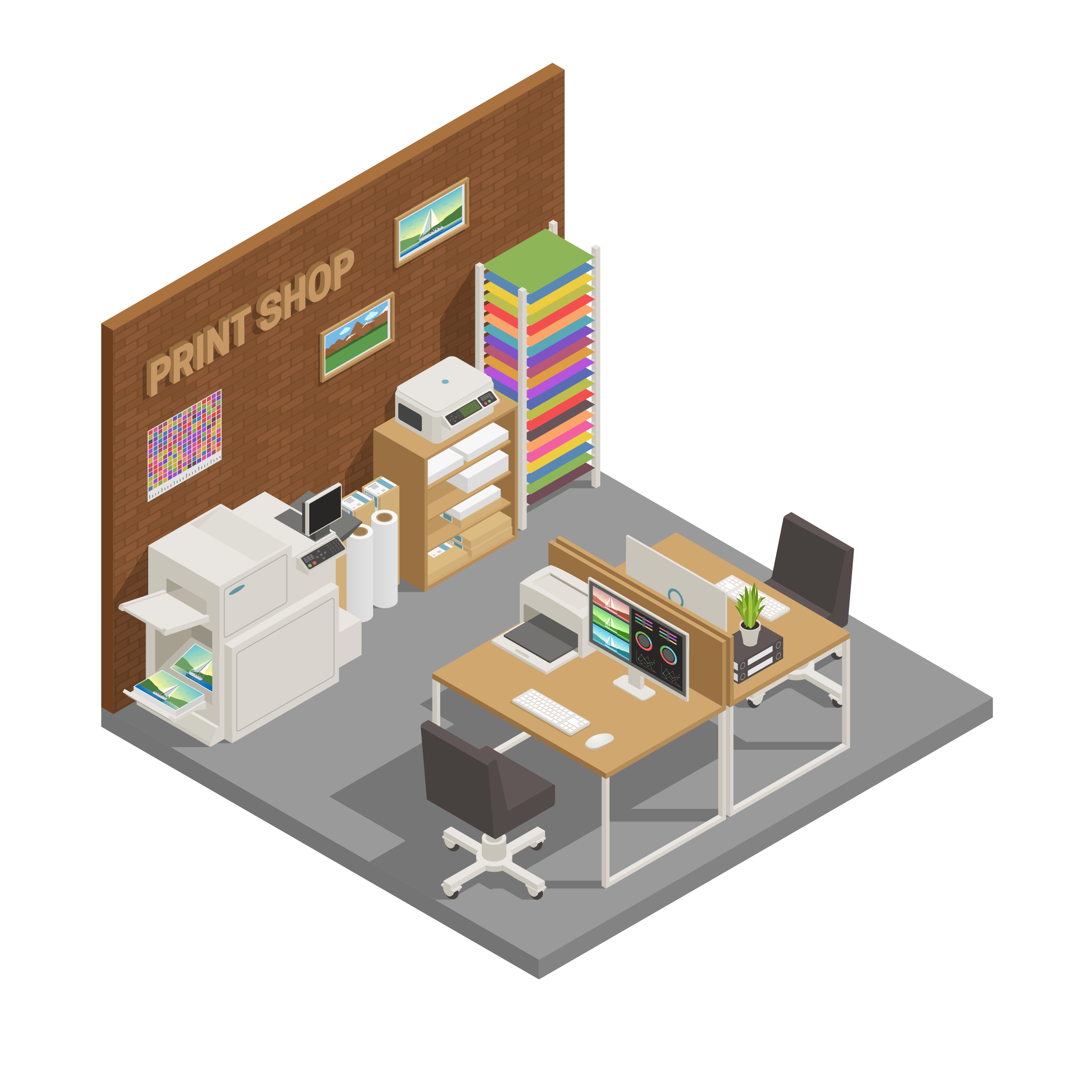 a decorative image of a printshop showing computer desks and printing equipment