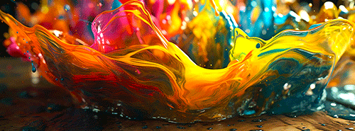 Brightly colored ink splashes off a wooden board.